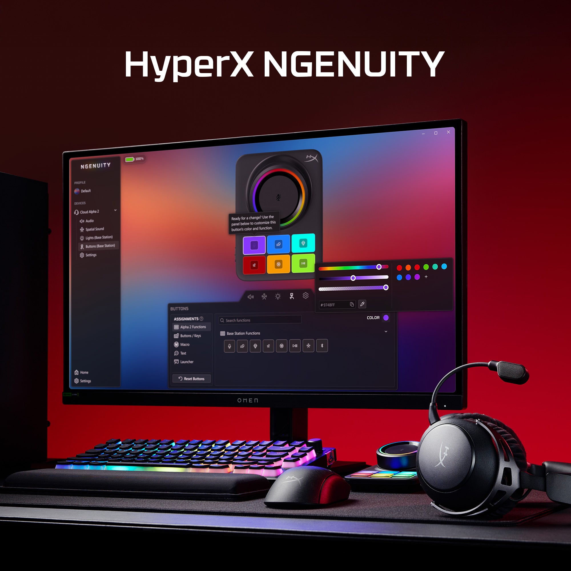 Gaming setup with HyperX NGenuity software on a computer screen, featuring a keyboard, mouse, and headset.
