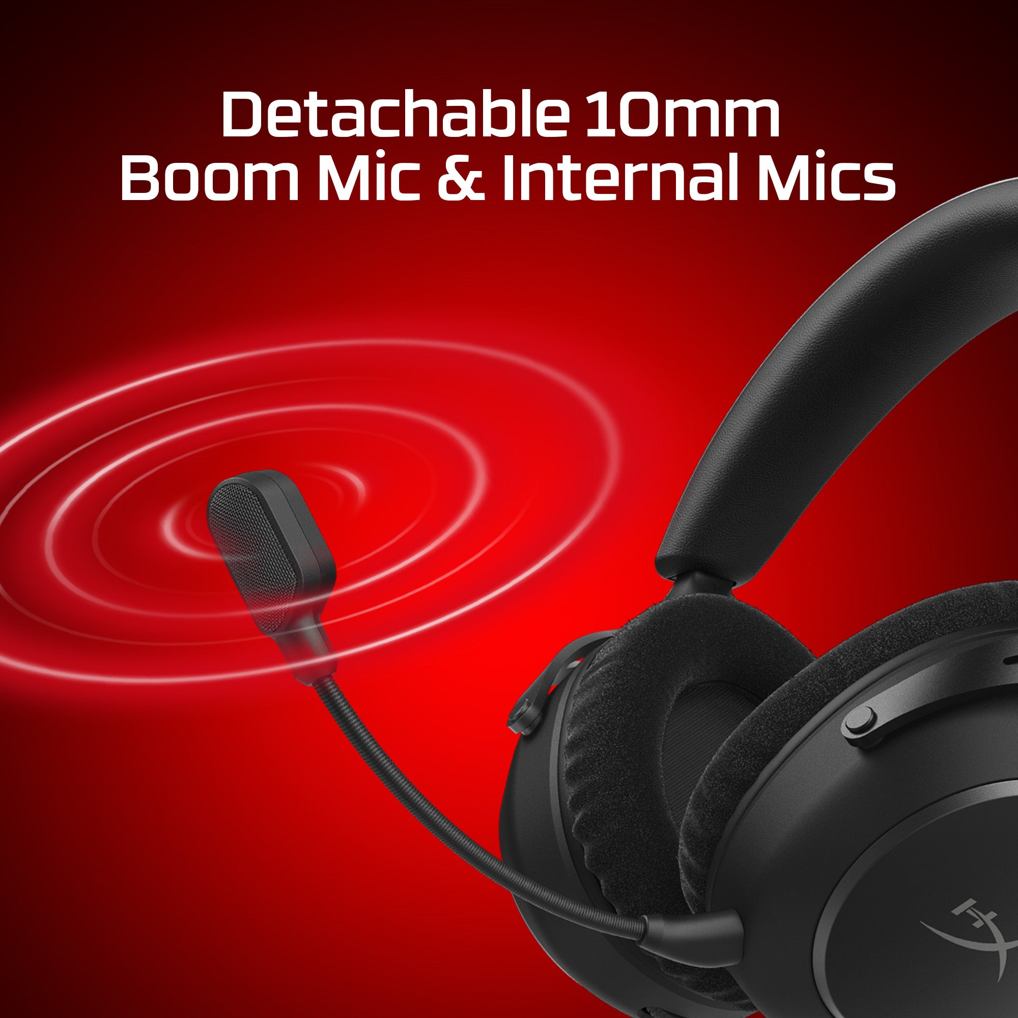 Black gaming headset with detachable 10mm boom mic on a red background