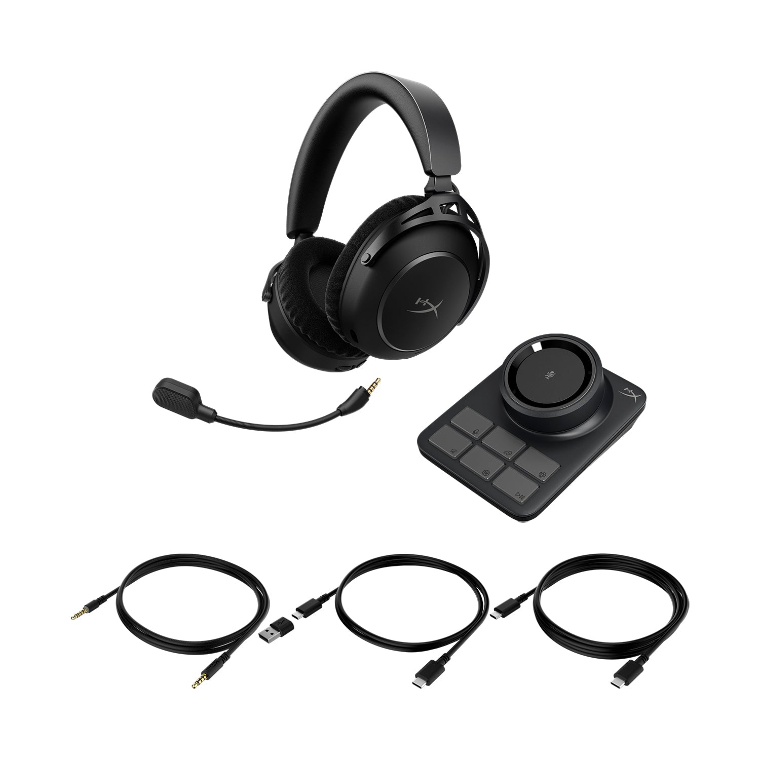 Black cloud alpha 2 wireless gaming headset with microphone, control panel, and cables on a white background