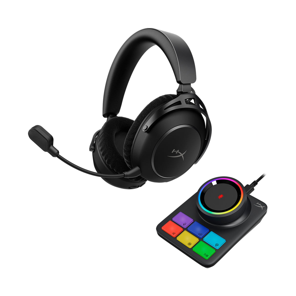 Black gaming headset with RGB Base Station featuring colorful buttons on a white background