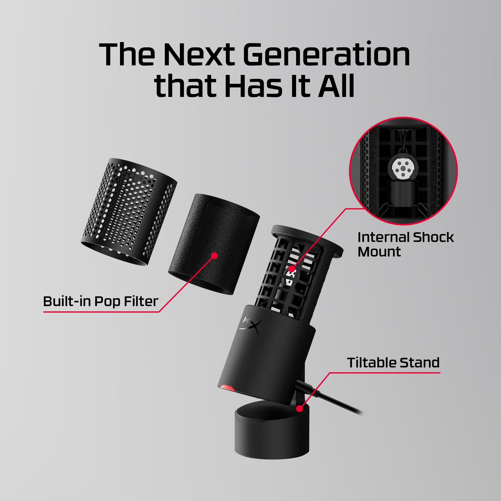 Black SoloCast 2 microphone with features highlighted on a gray background