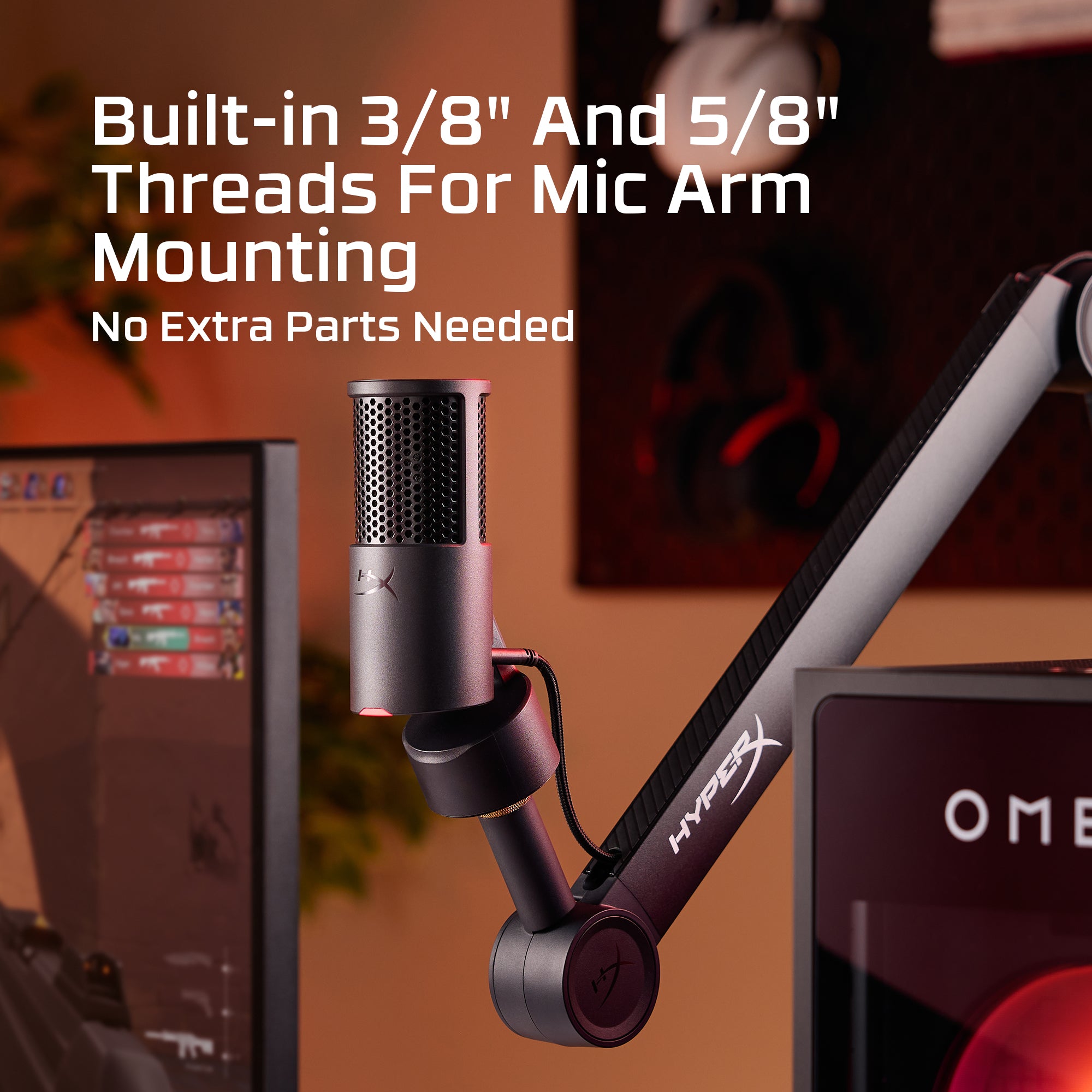 Microphone with arm and text about thread sizes for mounting, with a blurred background.